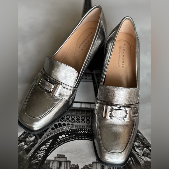 Silver Block Heel Loafers comfortable leather loafers heels - Picture 5 of 10